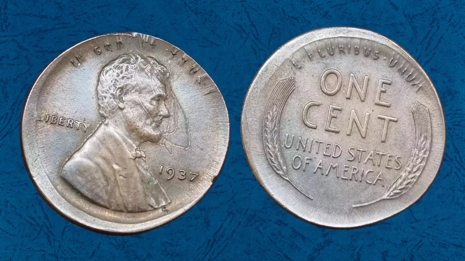 1937 wheat penny off-center strike error showing partial Lincoln portrait and blank planchet area