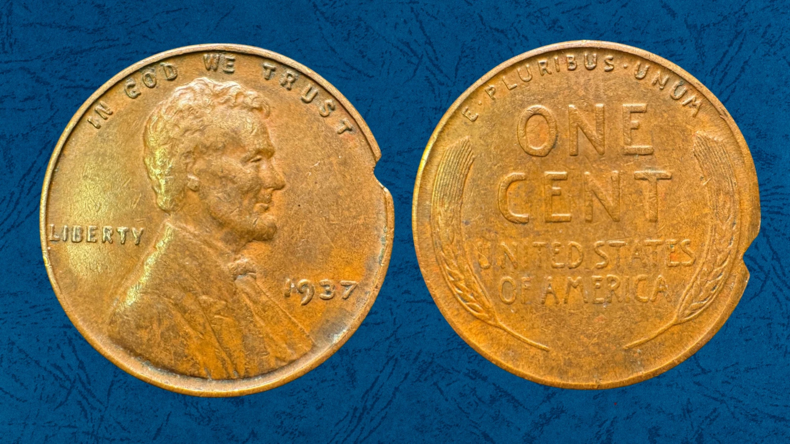 1937 wheat penny struck on wrong foreign planchet showing distorted design and unusual metal color