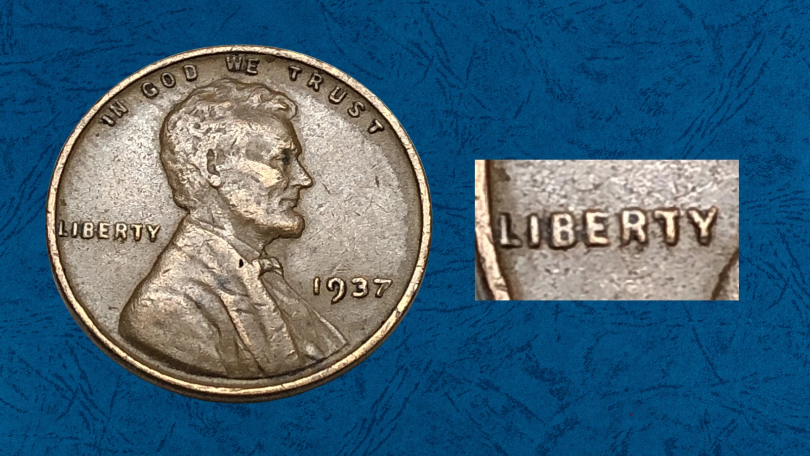 1937 wheat penny doubled die obverse error showing doubling on IN GOD WE TRUST lettering