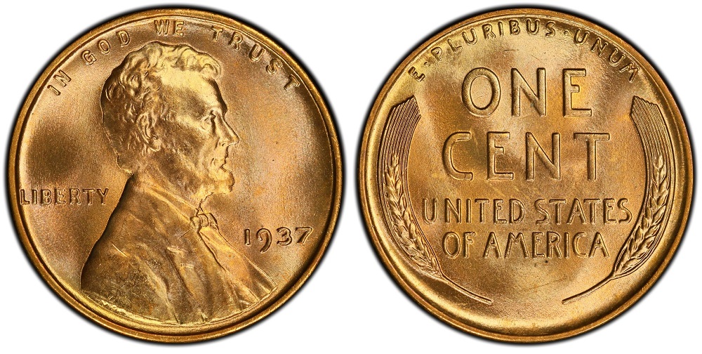 1937 wheat penny grading strip showing all four condition tiers from worn Good through gem Uncirculated